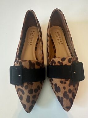 Journee Leopard-Print Pointed Flats Shoes Black Buckle Classy Lightweight 7.5
